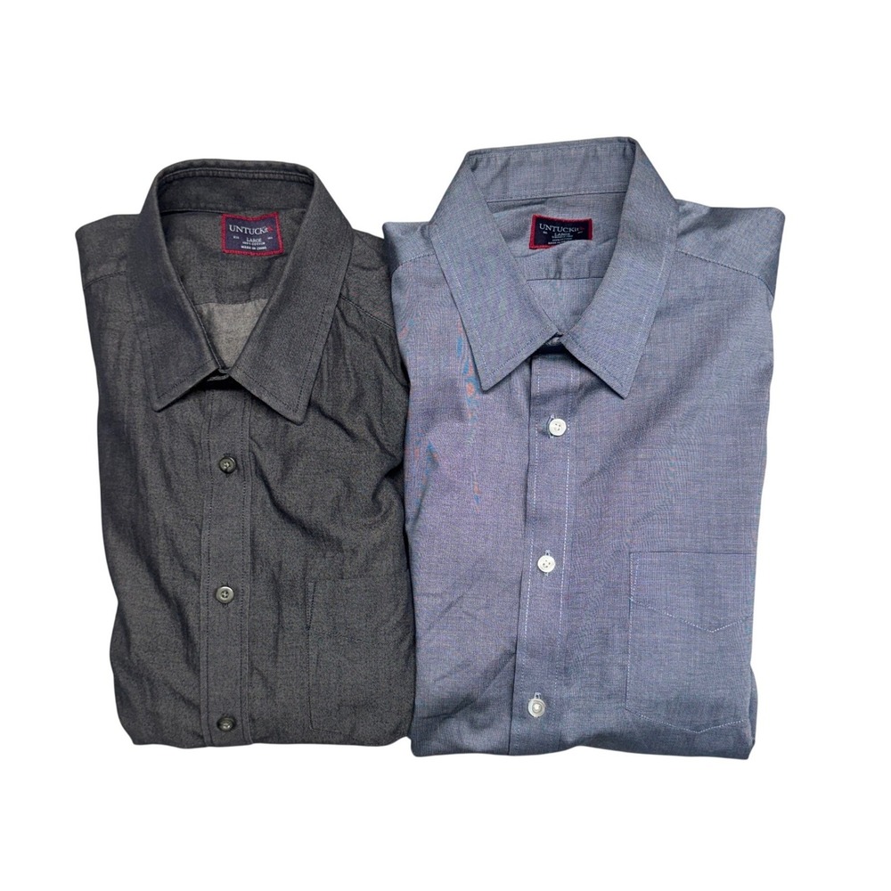 Untuckit Mens Large Button Down Shirt Bundle 2pk Grey Blue Cotton Wrinkle Free